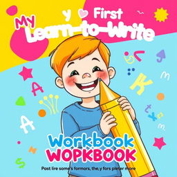 A colorful and engaging cover for a children's workbook titled 'My First Learn-to-Write Workbook: Practice for Kids with Pen Control, Line Tracing, Letters and More'