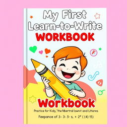 A colorful and engaging cover for a children's workbook titled 'My First Learn-to-Write Workbook: Practice for Kids with Pen Control, Line Tracing, Letters and More'