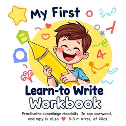 A colorful and engaging cover for a children's workbook titled 'My First Learn-to-Write Workbook: Practice for Kids with Pen Control, Line Tracing, Letters and More'