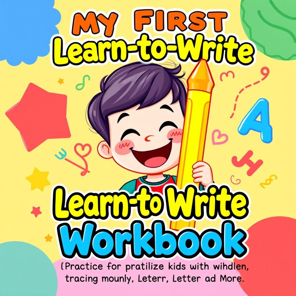 A colorful and engaging cover for a children's workbook titled 'My First Learn-to-Write Workbook: Practice for Kids with Pen Control, Line Tracing, Letters and More'