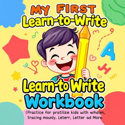 A colorful and engaging cover for a children's workbook titled 'My First Learn-to-Write Workbook: Practice for Kids with Pen Control, Line Tracing, Letters and More'