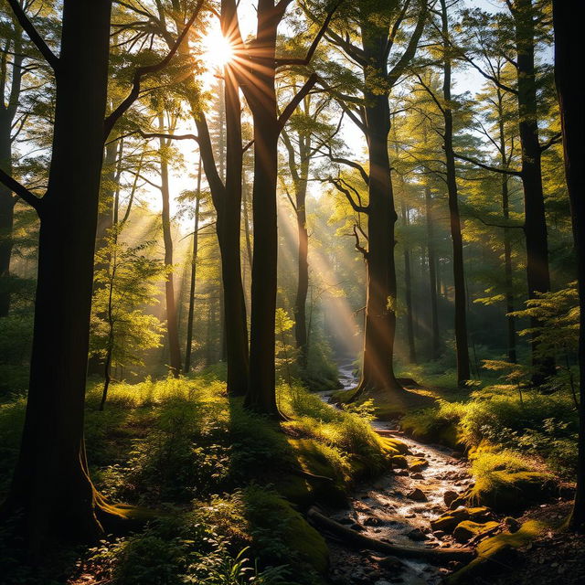 A beautiful, ethereal forest bathed in golden sunlight with tall, ancient trees and lush greenery