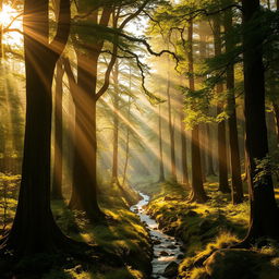 A beautiful, ethereal forest bathed in golden sunlight with tall, ancient trees and lush greenery