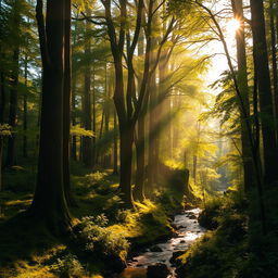 A beautiful, ethereal forest bathed in golden sunlight with tall, ancient trees and lush greenery