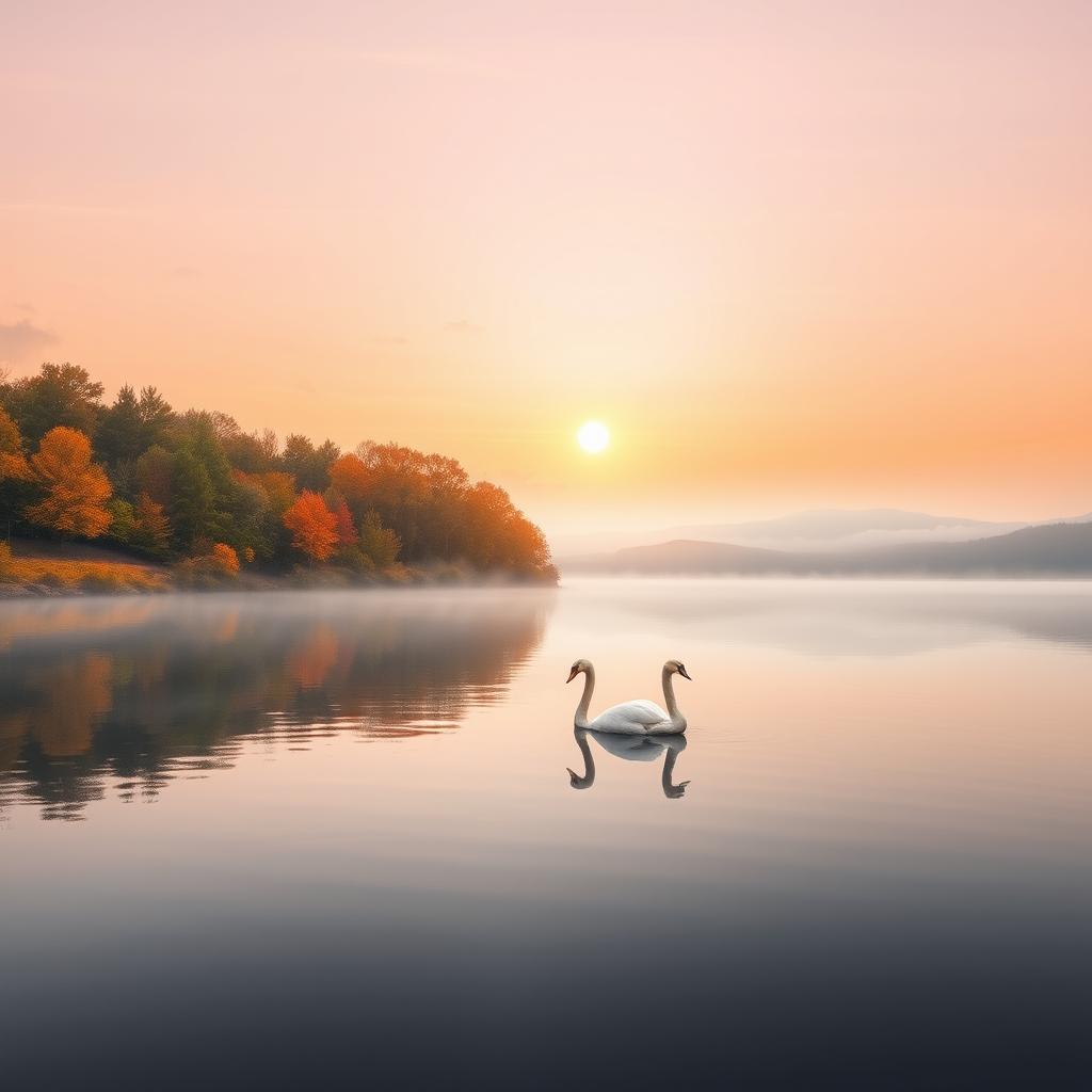 A tranquil scene of a serene lake at sunrise, with the sun casting a warm glow over the calm waters