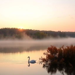 A tranquil scene of a serene lake at sunrise, with the sun casting a warm glow over the calm waters