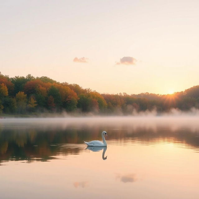 A tranquil scene of a serene lake at sunrise, with the sun casting a warm glow over the calm waters