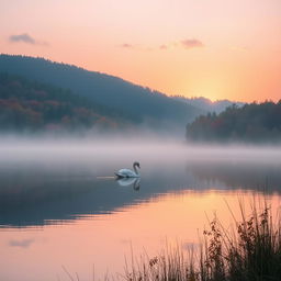 A tranquil scene of a serene lake at sunrise, with the sun casting a warm glow over the calm waters