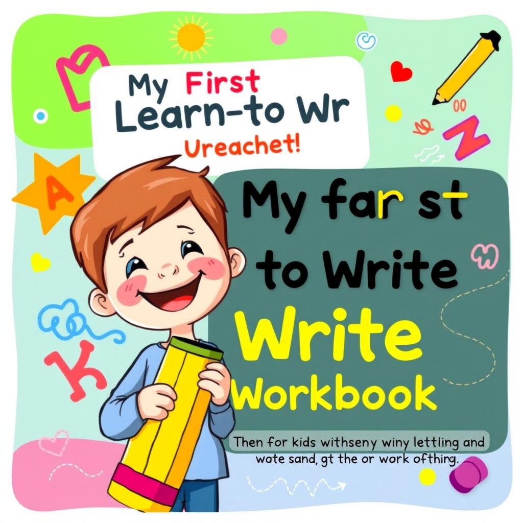 A colorful and engaging cover for a children's workbook titled 'My First Learn-to-Write Workbook: Practice for Kids with Pen Control, Line Tracing, Letters and More'