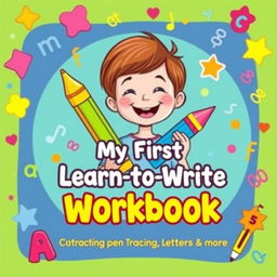 A colorful and engaging cover for a children's workbook titled 'My First Learn-to-Write Workbook: Practice for Kids with Pen Control, Line Tracing, Letters and More'