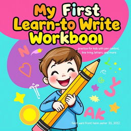 A colorful and engaging cover for a children's workbook titled 'My First Learn-to-Write Workbook: Practice for Kids with Pen Control, Line Tracing, Letters and More'