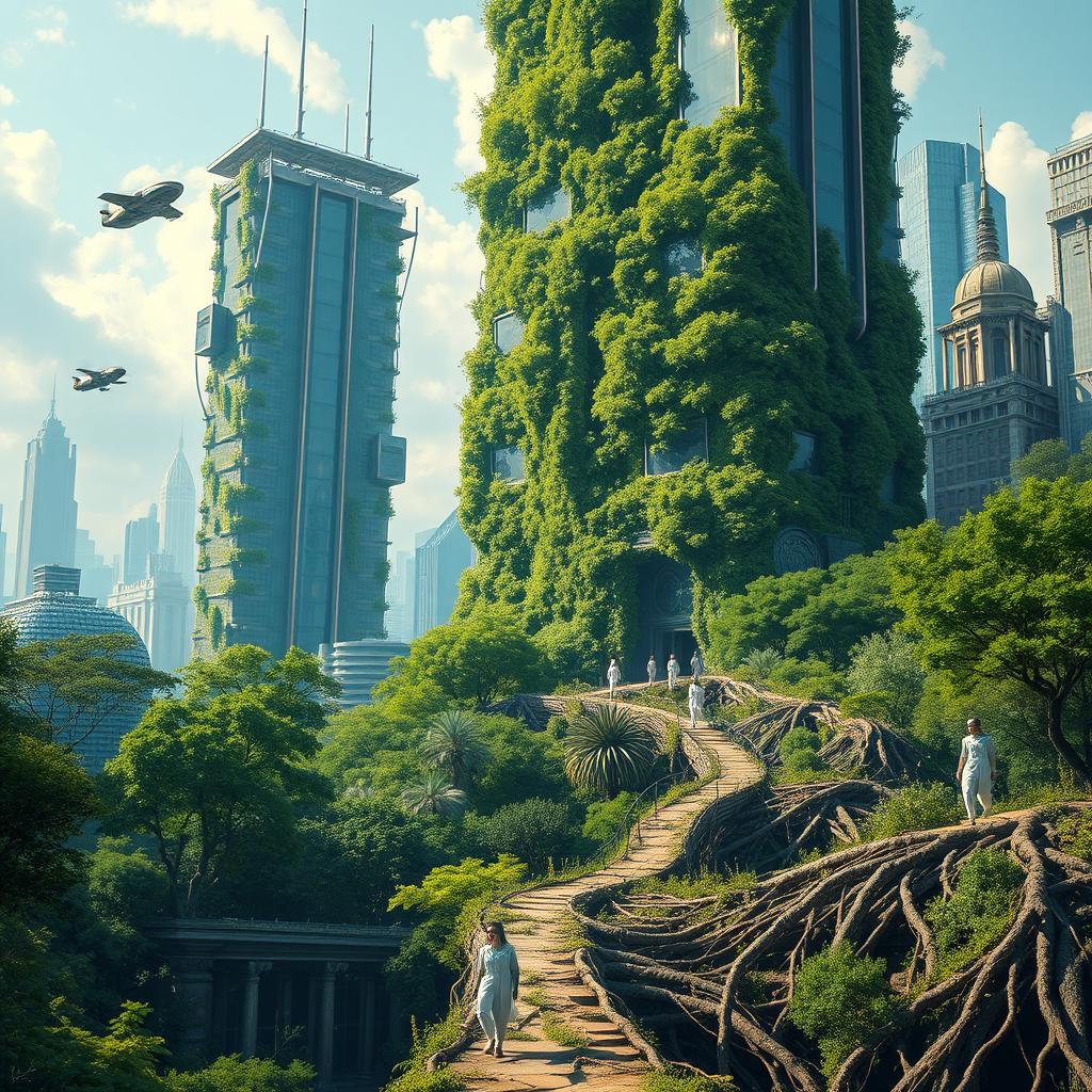 A surreal landscape of a luscious green forest merging into a bustling futuristic cityscape, showcasing the harmony between nature and technology