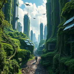 A surreal landscape of a luscious green forest merging into a bustling futuristic cityscape, showcasing the harmony between nature and technology