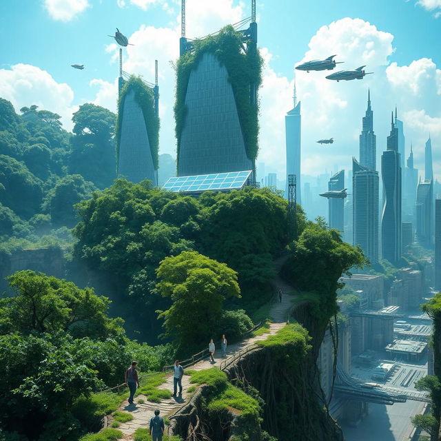 A surreal landscape of a luscious green forest merging into a bustling futuristic cityscape, showcasing the harmony between nature and technology