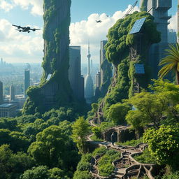 A surreal landscape of a luscious green forest merging into a bustling futuristic cityscape, showcasing the harmony between nature and technology