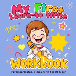 A colorful and engaging cover for a children's workbook titled 'My First Learn-to-Write Workbook: Practice for Kids with Pen Control, Line Tracing, Letters and More'