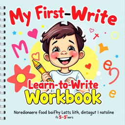 A colorful and engaging cover for a children's workbook titled 'My First Learn-to-Write Workbook: Practice for Kids with Pen Control, Line Tracing, Letters and More'