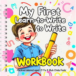 A colorful and engaging cover for a children's workbook titled 'My First Learn-to-Write Workbook: Practice for Kids with Pen Control, Line Tracing, Letters and More'