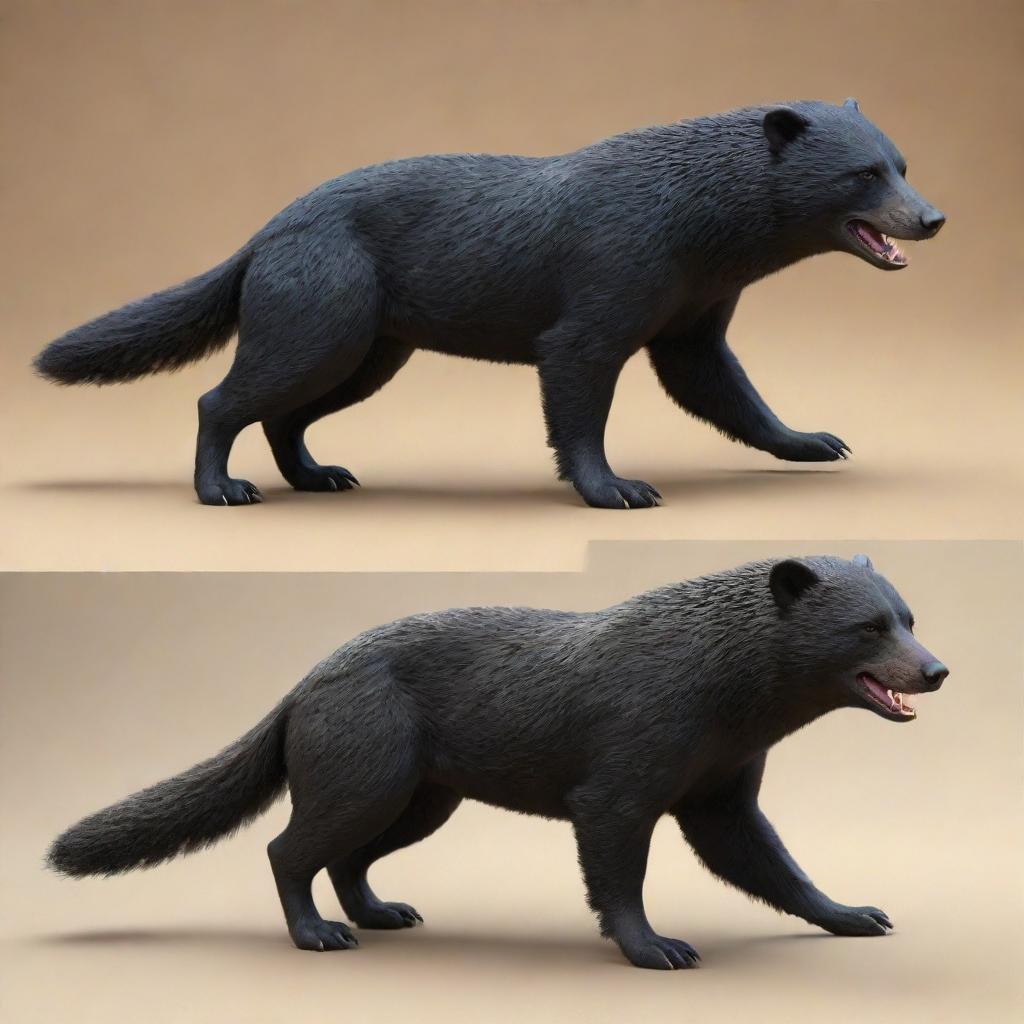 A striking 3D model of a fusion creature that is half perro (dog) and half Honey Badger. Half of the model illustrates the loyal characteristics of a dog, while the other half embodies the courageous spirit of a Honey Badger.