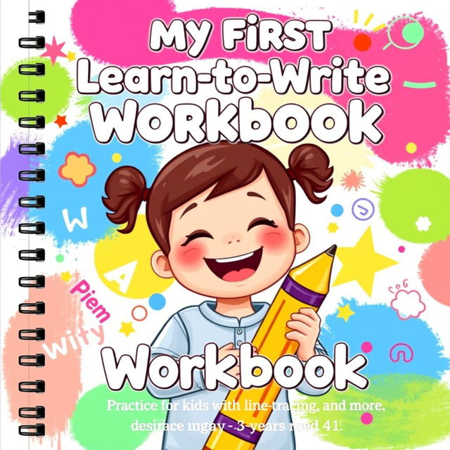 A colorful and engaging cover for a children's workbook titled 'My First Learn-to-Write Workbook: Practice for Kids with Pen Control, Line Tracing, Letters and More'