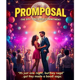 A captivating movie poster for "Promposal: The Epic One-Night Commitment" showcasing a high school prom scene filled with vibrant colors and excitement