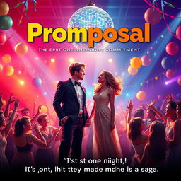 A captivating movie poster for "Promposal: The Epic One-Night Commitment" showcasing a high school prom scene filled with vibrant colors and excitement