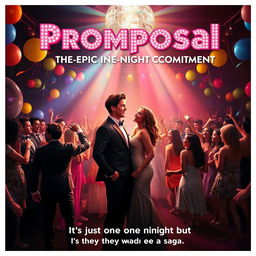 A captivating movie poster for "Promposal: The Epic One-Night Commitment" showcasing a high school prom scene filled with vibrant colors and excitement