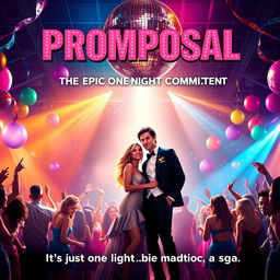 A captivating movie poster for "Promposal: The Epic One-Night Commitment" showcasing a high school prom scene filled with vibrant colors and excitement