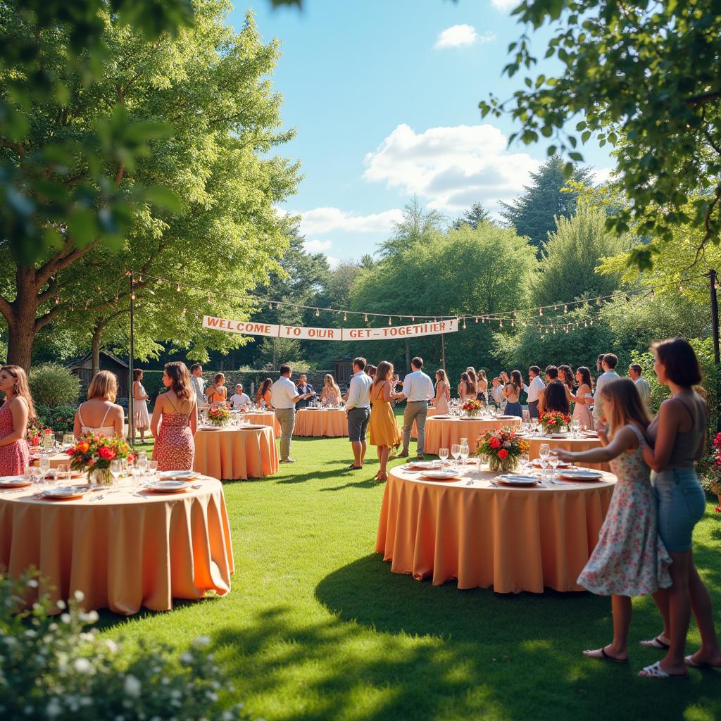 A lively and inviting scene of a picturesque lawn party under a clear blue sky