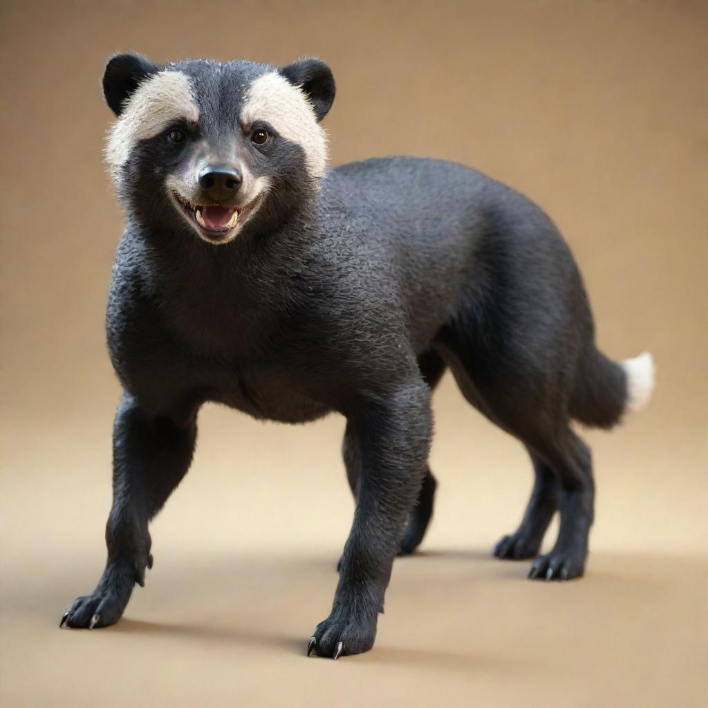 A striking 3D model of a fusion creature that is half perro (dog) and half Honey Badger. Half of the model illustrates the loyal characteristics of a dog, while the other half embodies the courageous spirit of a Honey Badger.