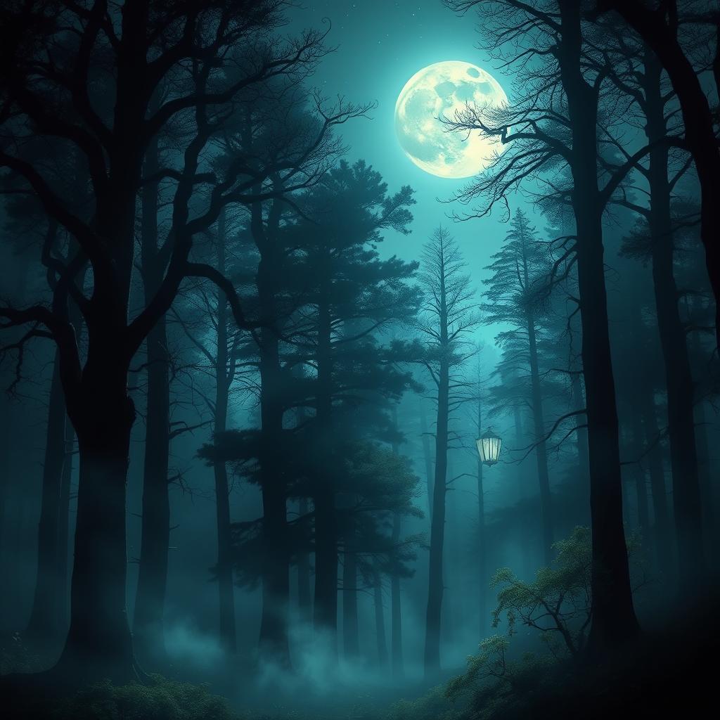 A mysterious forest bathed in moonlight, with mist gently swirling through an array of towering ancient trees