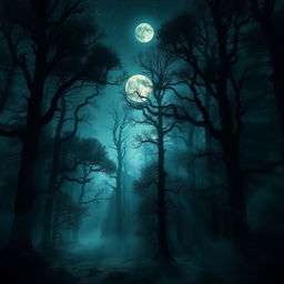 A mysterious forest bathed in moonlight, with mist gently swirling through an array of towering ancient trees