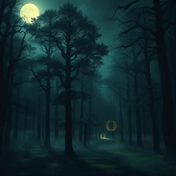 A mysterious forest bathed in moonlight, with mist gently swirling through an array of towering ancient trees