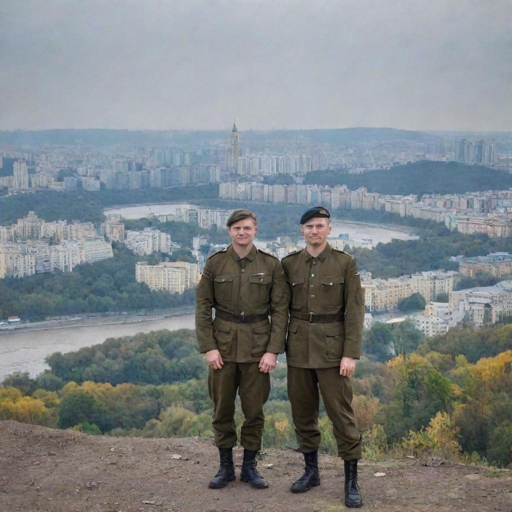 Ukrainian military personnel in full uniform, posing with a backdrop of Kyiv's iconic landscape.