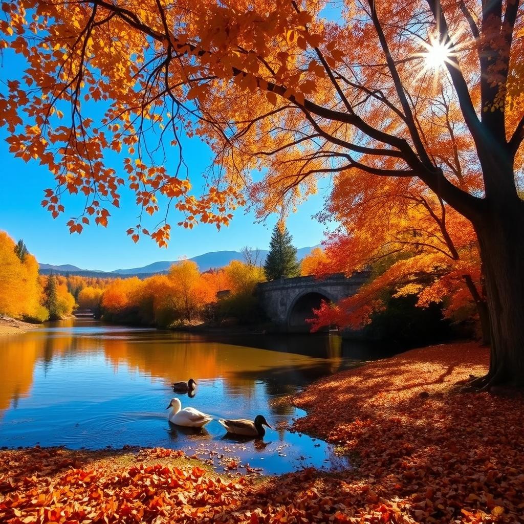 A tranquil autumn landscape with golden leaves gently falling from trees lining a serene riverbank, the water reflecting the orange and red hues of the autumn foliage