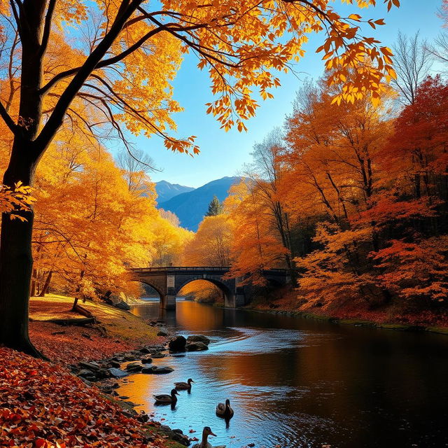 A tranquil autumn landscape with golden leaves gently falling from trees lining a serene riverbank, the water reflecting the orange and red hues of the autumn foliage