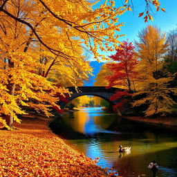 A tranquil autumn landscape with golden leaves gently falling from trees lining a serene riverbank, the water reflecting the orange and red hues of the autumn foliage