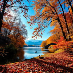 A tranquil autumn landscape with golden leaves gently falling from trees lining a serene riverbank, the water reflecting the orange and red hues of the autumn foliage