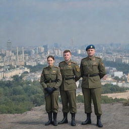 Ukrainian military personnel in full uniform, posing with a backdrop of Kyiv's iconic landscape.