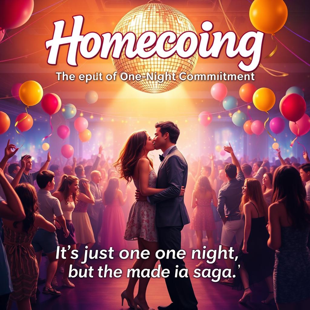 A captivating movie poster for "Homecoing: The Epic One-Night Commitment" showcasing a high school homecoming dance scene filled with vibrant colors and excitement