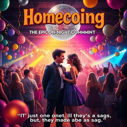 A captivating movie poster for "Homecoing: The Epic One-Night Commitment" showcasing a high school homecoming dance scene filled with vibrant colors and excitement