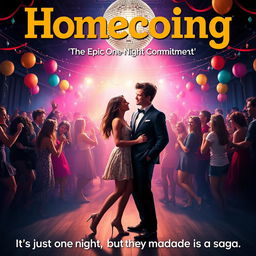 A captivating movie poster for "Homecoing: The Epic One-Night Commitment" showcasing a high school homecoming dance scene filled with vibrant colors and excitement