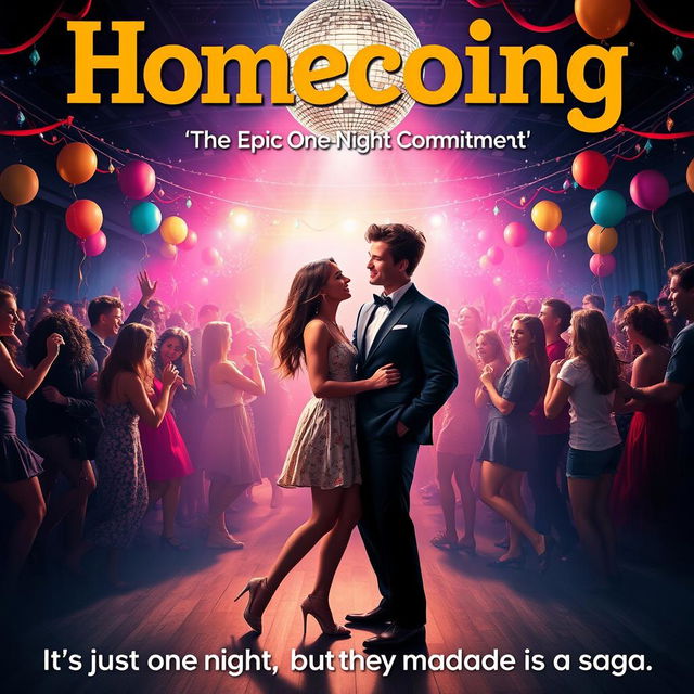 A captivating movie poster for "Homecoing: The Epic One-Night Commitment" showcasing a high school homecoming dance scene filled with vibrant colors and excitement