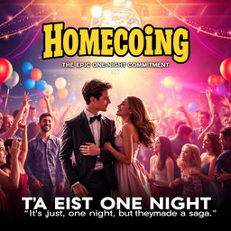 A captivating movie poster for "Homecoing: The Epic One-Night Commitment" showcasing a high school homecoming dance scene filled with vibrant colors and excitement