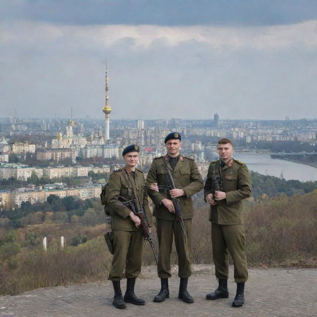 Ukrainian military personnel in full uniform, posing with a backdrop of Kyiv's iconic landscape.