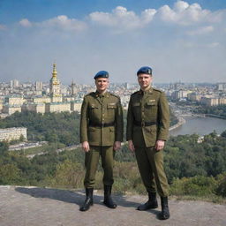 Ukrainian military personnel in full uniform, posing with a backdrop of Kyiv's iconic landscape.