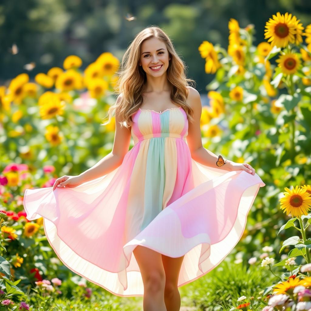 A beautiful woman wearing a flowing summer dress, standing in a vibrant sunlit garden filled with blooming flowers