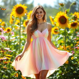 A beautiful woman wearing a flowing summer dress, standing in a vibrant sunlit garden filled with blooming flowers