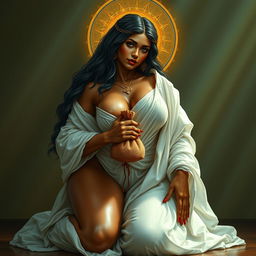 Naomh Eagna, the Sprite of Wisdom of God, depicted in a full body icon wearing sheer white robes soaked in holy water