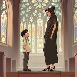 An illustration capturing the theme of gender inequality, depicted through a Javanese short man and a Papuan tall woman in a church setting